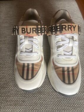 Burberry White Leather Sneakers with Beige Check Strap